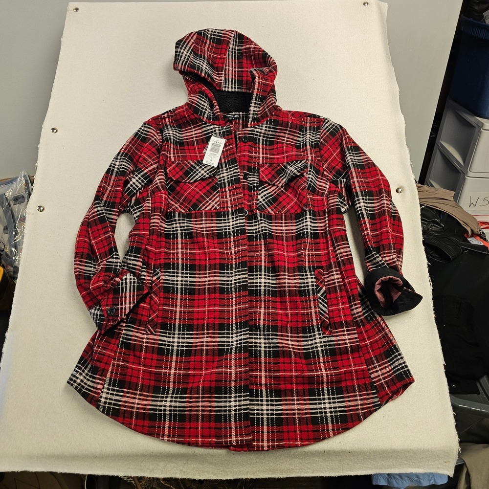 Torrid Logan Plaid Cozy Double Knit Fur Hood Shacket Red Black NWT Size 0 L 12